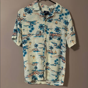 George Hawaiian Casual Palm Tree Front Pocket Tropical Button Up Shirt - S